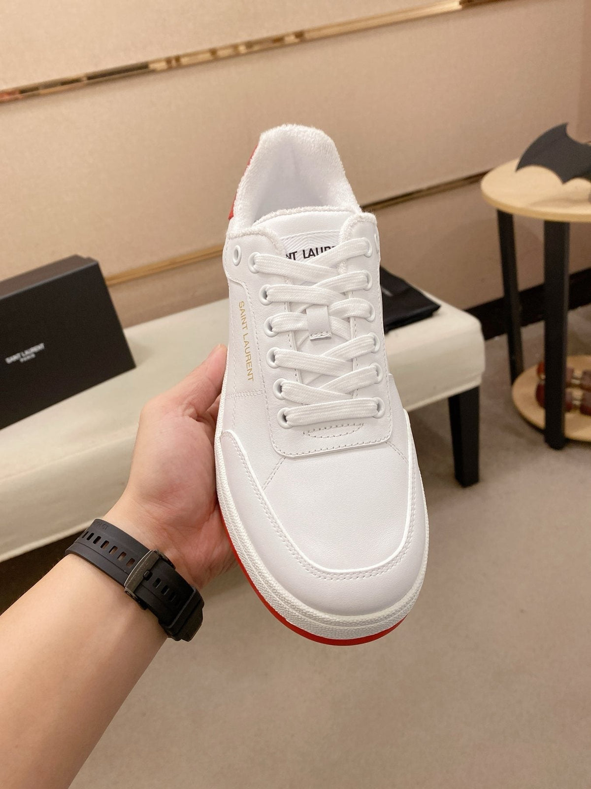 Saint Laurent White Red Perforated Low-Top Sneakers